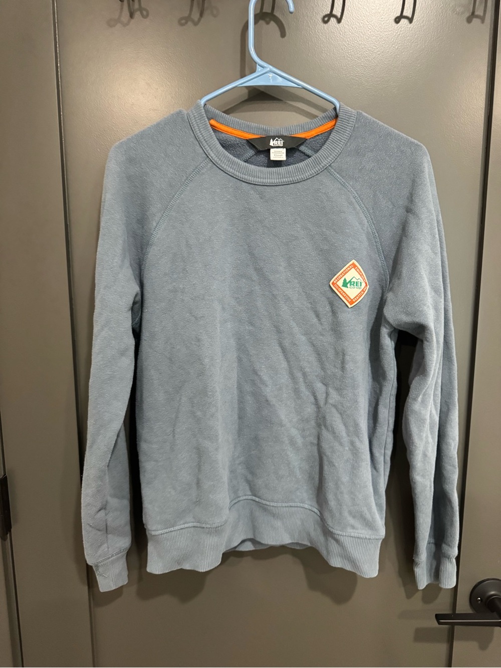 REI Women's Slate Blue Crewneck Sweatshirt with Orange Trim